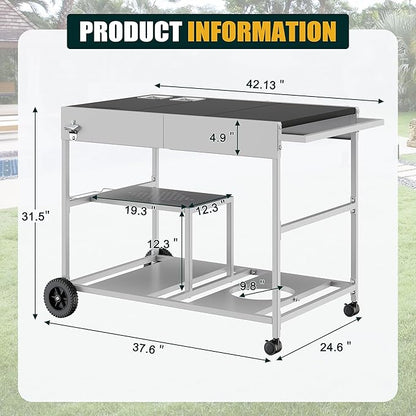 Shintenchi Pizza Oven Cart Table with Topping Station and Wheels, Outdoor Tabletop Grill Table Stand, Movable Food Prep Workcart Fits for Ninja Blackstone Woodfire Grill