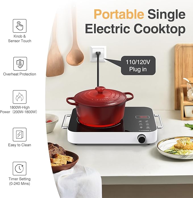 GIHETKUT Single Burner Electric Cooktop,1800W 110V Electric Stove Top with Knob Control, Portable Cooktop with 2 Handle,single burner electric stove with Double Ring Heating, 4 hours Timer