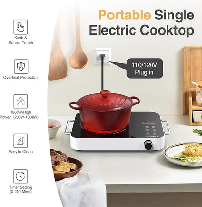 GIHETKUT Single Burner Electric Cooktop,1800W 110V Electric Stove Top with Knob Control, Portable Cooktop with 2 Handle,single burner electric stove with Double Ring Heating, 4 hours Timer