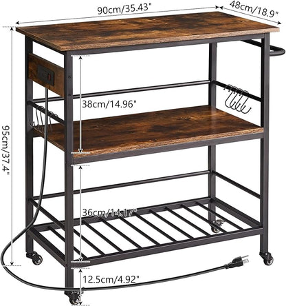 IBUYKE Kitchen Island with 3 Shelves, Island Table for Kitchen with Power Outlet,Kitchen Cart with Large Worktop,Rolling Bar Cart for Home, Outdoor, Kitchen TMJ024H