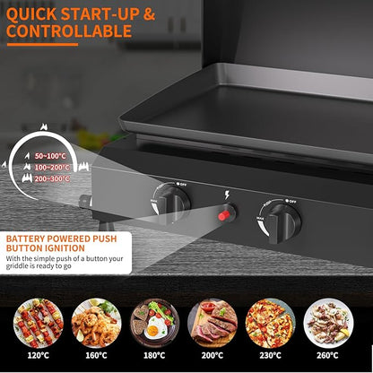 SKOK 23.3 Inch Flat Top Grill, Gas Griddle with Hood, Portable Tabletop Propane Gas Griddle Grill for Camping, Outdoor & Tailgating Barbecue, 45,000 BTU Output, 3 Burners