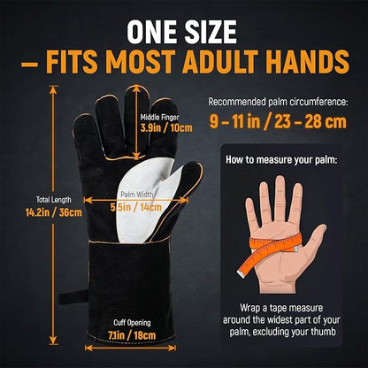 TOPDC Welding Gloves 14 Inch, 482°F Heat Resistant Leather Gloves for Fireplace BBQ Grill Fire Pit Campfire Wood Stove, Kevlar Stitching CE Certified, MIG Stick Forge Furnace Oven Animal Handling