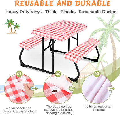 Moukeren 3 Pieces Picnic Table Cover for Kids with Bench Covers Fitted Tablecloth for Outdoors Vinyl Waterproof Cloth for Camping Home Goods Indoor Outdoor Patio BBQ(Red, White)