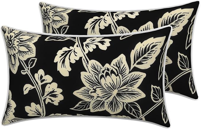 LVTXIII 2 Pack Outdoor Lumbar Pillow Covers 12x20 Inch with Piping, Water-Repellent Back Cushion Covers ONLY for Patio Furniture, Sofa, Garden Bench, Elegant Vines Black
