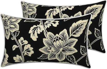 LVTXIII 2 Pack Outdoor Lumbar Pillow Covers 12x20 Inch with Piping, Water-Repellent Back Cushion Covers ONLY for Patio Furniture, Sofa, Garden Bench, Elegant Vines Black