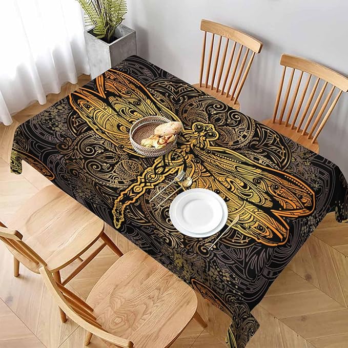 Golden Dragonfly Tablecloth 60x84 Inch Rectangular Vintage Boho Flower Textures Ornate Exquisite Wings Mystery Oblong Table Cloth Kitchen Table Decorations for Home Dinner Party