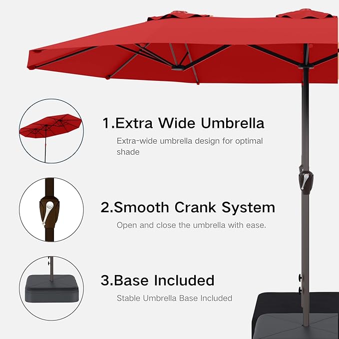 Kingdura 15ft Large Patio Umbrella with Base Included, Double-Sided Rectangle Outdoor Table Umbrella with 12 Reinforced Ribs, Crank Lift for Market Pool Deck Backyard, Red