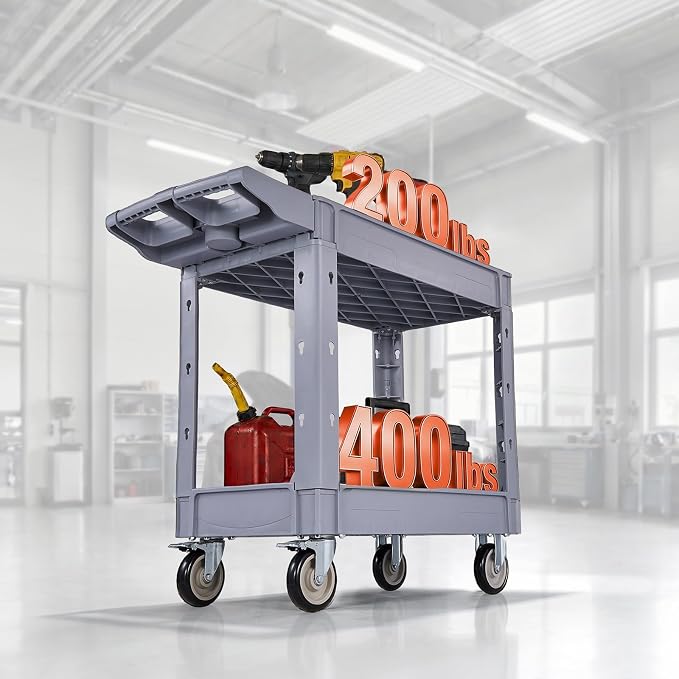VEVOR Utility Cart, 550 lbs Capacity, 2 Tier Service Cart with 360° Swivel & Fixed Wheels (2 with Brakes), Heavy Duty Plastic Rolling with Storage Tray, Tool Storage for Garage Warehouse Workshop