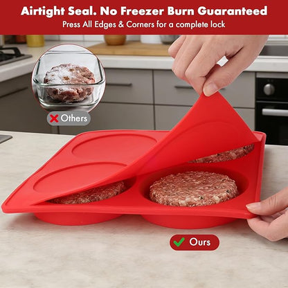 Silicone Burger Patty Maker & Freezer Tray, Grilling Cookware 4-Cavity Mold with Airtight Lid, Make 4 Perfect 4.7-Inch Patties at Once for Easy BBQ Prep & Freezer Storage