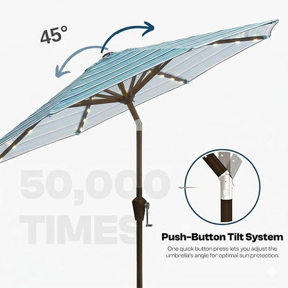 10FT Solar Lighted Patio Umbrella, Outdoor Table Market Umbrellas with Push Button Tilt and Crank, 32 LED Lights, 8 Sturdy Ribs, UV-Resistant for Deck, Garden, Pool