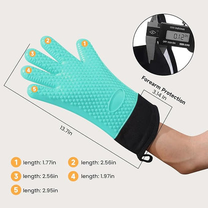 GEEKHOM BBQ Gloves Heat Resistant Oven Mitts - Silicone Grilling Gloves with 13.7" Arm Protection - Waterproof Pot Holder Non-Slip for Men & Women, Kitchen Outdoor Cooking, Baking, Camping, Turquoise