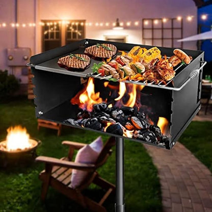 Park Style Charcoal Grill With Grate, Single Post Carbon Steel 50 Inch Height Pole, Heavy Duty Outdoor Park Grill For BBQ, Camping, Backyard,25x17 Inch With Plate