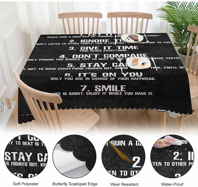 Rectangle Tablecloth 52x70 Inch Inspirational Quote, 7 Rules of Life Phrase Dining Table Cloth Table Cover for Home Kitchen Restaurant Party Buffet Picnic, 4-6 Seats