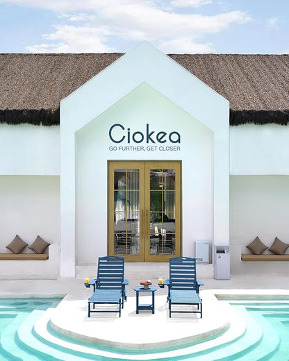 Ciokea Lounge Chair Outdoor Set of 4, Oversized Chaise Lounge Chair with 5 Positions, HDPE, Patio Lounge Chairs with Wheels & Cup Holder for Lawn, Pool, Deck, Poolside, Navy Blue