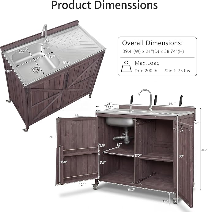 Merax Farmhouse 39.4" Outdoor Grill Cart with Stainless Steel Sink & Back Splash, Wood Rolling BBQ Prep Table w/Storage Cabinet & 4 Lockable Wheels for Patio and Outdoor Cooking,Dark Brown