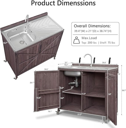 Merax Farmhouse 39.4" Outdoor Grill Cart with Stainless Steel Sink & Back Splash, Wood Rolling BBQ Prep Table w/Storage Cabinet & 4 Lockable Wheels for Patio and Outdoor Cooking,Dark Brown