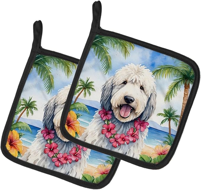 Caroline's Treasures Komondor Luau Pair of Pot Holders Kitchen Heat Resistant Pot Holders Sets Oven Hot Pads for Cooking Baking BBQ, 7 1/2 x 7 1/2