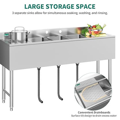 YITAHOME 60inch 3 Compartment Commercial Bar Sink with Drainboards, NSF Heavy-Duty Stainless Steel Freestanding Prep Utility Sink for Restaurant Kitchen