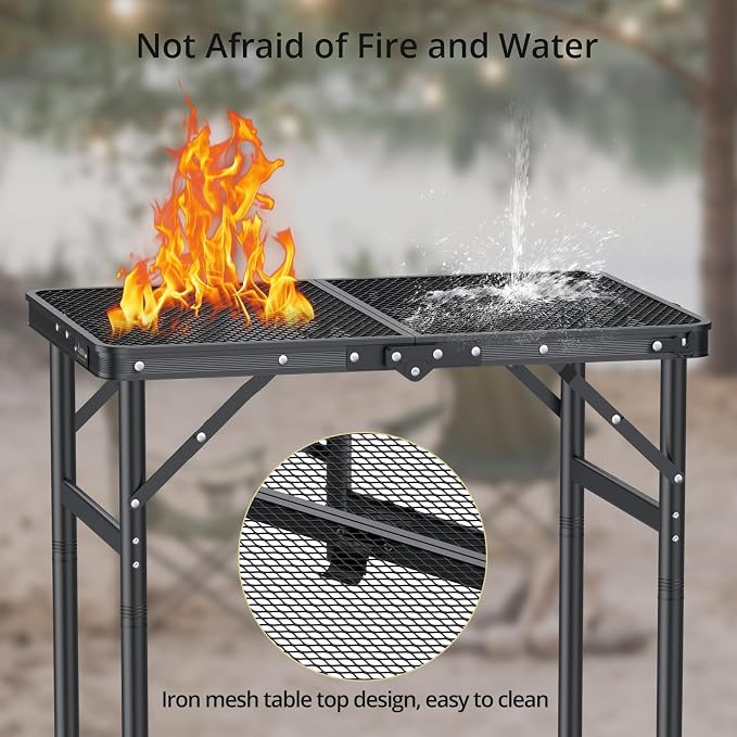 Anbte 2ft Folding Grill Table Max 29.5", 3 Adjustable Height Lightweight Camping Table with Heat-Resistant Mesh Tabletop Portable Handle, Waterproof, for Cooking BBQ Outdoor, 22.8" X 16", Black