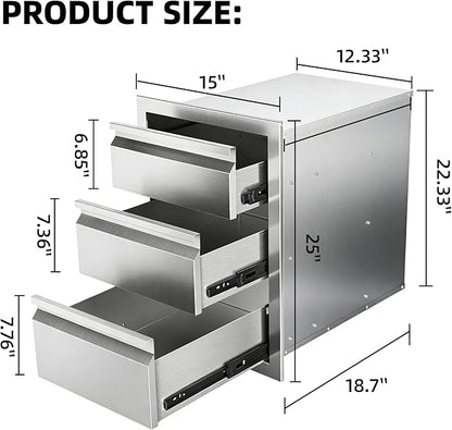 Outdoor Kitchen Drawers 15" x 25" x 18.7" Stainless Steel Triple Drawer Cabinet, Flush Mount Modular Storage for BBQ Islands & Patios