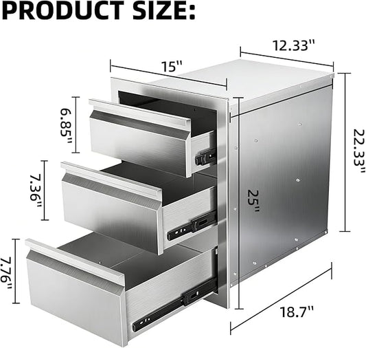 Outdoor Kitchen Drawers 15" x 25" x 18.7" Stainless Steel Triple Drawer Cabinet, Flush Mount Modular Storage for BBQ Islands & Patios