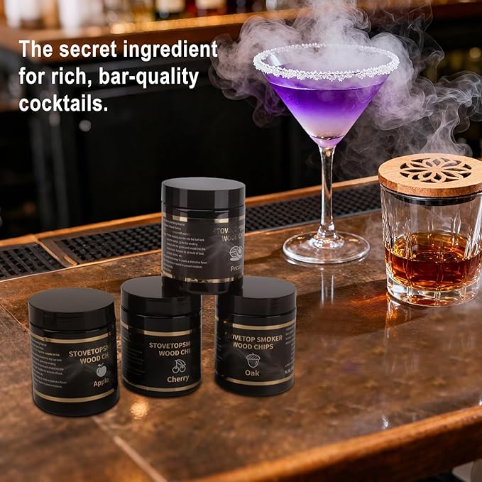 BORUIT Wood Chips for Smoker – 4 Flavors Apple, Cherry, Pecan & Oak – Natural Smoking Wood Chips for Whiskey, Bourbon, Drinks, Food and Cocktail Smoker Gift