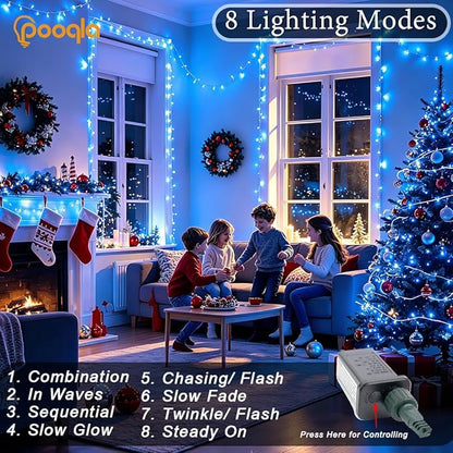 Pooqla Christmas Blue String Lights, 200 LED 66 ft Indoor and Outdoor Lights, 8 Modes Holiday Fairy Light for Xmas Tree Home Yard Patio Wedding Party, Christmas Decoration, Blue