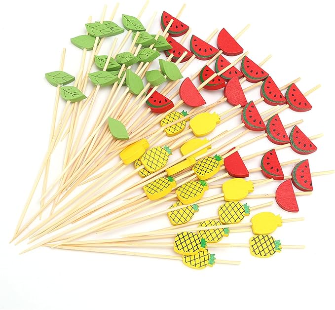 Minisland Green Leaf Cocktail Picks, 4.7 Inch Long Bamboo Fancy Toothpicks for Appetizers, Decorative Spring Summer Tropical Hawaiian Party Food Drinks Garnish Fruit Skewer Sticks 100 Counts - MSL172