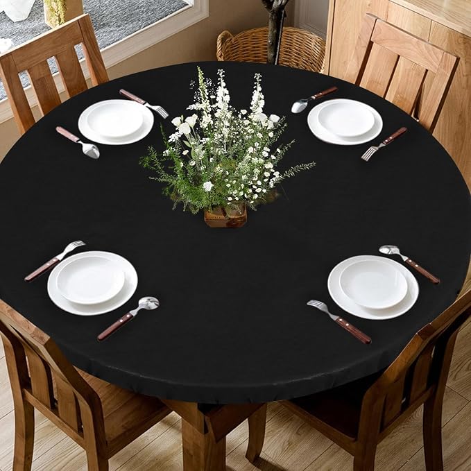 LUSHVIDA Round Waterproof Table Cover Elastic Vinyl Fitted Tablecloth Elastic Edged Plastic Table Cloth (Black, 4PCS Best for Up to 45"-56" Round)