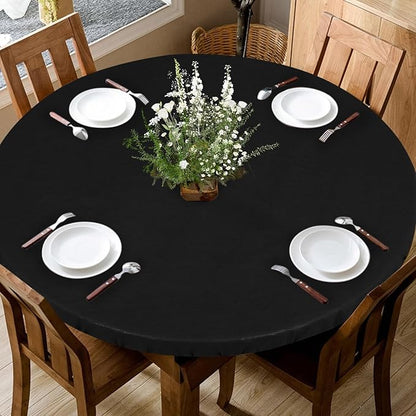 LUSHVIDA Round Waterproof Table Cover Elastic Vinyl Fitted Tablecloth Elastic Edged Plastic Table Cloth (Black, 2PCS Best for Up to 45"-56" Round)