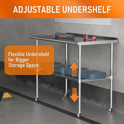 Stainless Steel Prep Table 30" X 48" with Adjustable Undershelf, Backsplash and Wheels, Commercial Metal Workstations for Kitchen, Garage, Outdoor BBQ
