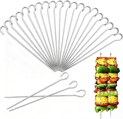20 PCS 7" Flat Stainless Steel Skewers, BBQ Skewers for Kabobs Potato Nails | Reusable Metal Grill Skewers with Hook Handle & Sharp Tip, Baking Nails for Shish Steak Shrimp Air Fryer Oven