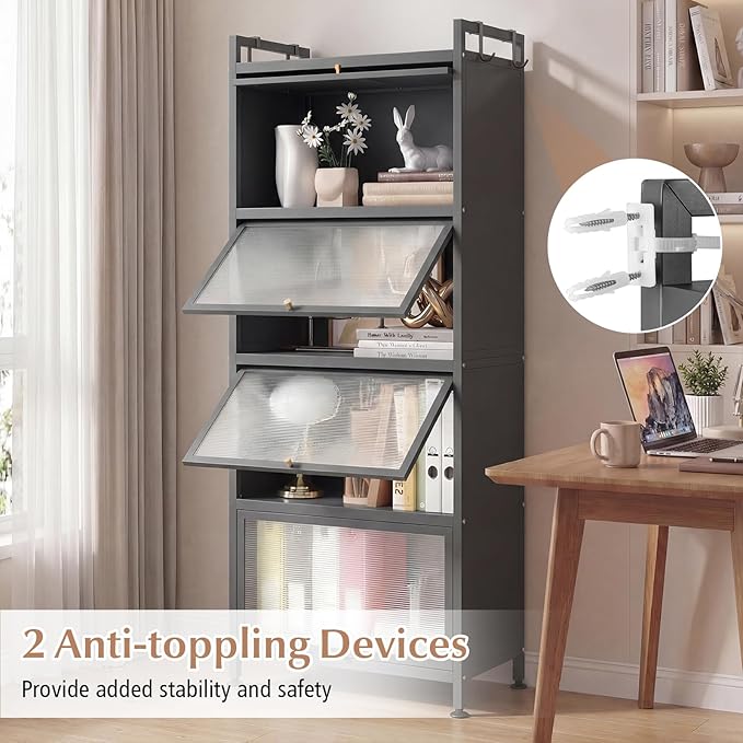 Giantex 5-Tier Kitchen Storage Cabinet, Mobile Microwave Stand with Flip-up PC Doors, Freestanding Kitchen Bakers Rack with 4 Rolling Casters, for Dining Room, Living Room and Study, Grey