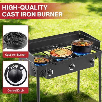 3 Burner Propane Camp Stove | 225,000 BTU | High Pressure Gas Burners | CSA Certified | Windscreen | Waterproof Cover | Detachable Legs | Ideal for Camping Tailgating Backyard Outdoor Cooking