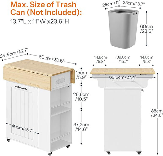 HOOBRO Kitchen Island with Trash Can Storage, Rolling Kitchen Island with Drop Leaf Countertop, Island Table with Power Outlet & Spice Rack, for 10 Gallon Garbage Bin, White and Natural WN33UZD01