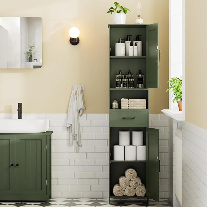 Homhedy 67" H Tall Bathroom Storage Cabinet with Barn Doors and Drawer | Narrow Storage Unit with Adjustable Shelves, Floor Cabinet for Bathroom, Living Room, Entryway or Kitchen, Green, 15.7" W