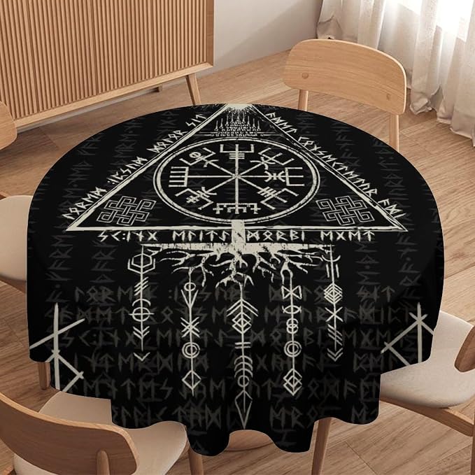 Vintage Viking Pattern Round Tablecloth, Gothic Helm of Terror Scandinavian Viking Seasonal Table Cloth Waterproof Wipeable Table Cover for Picnic Holiday Party Kitchen Dining 70"