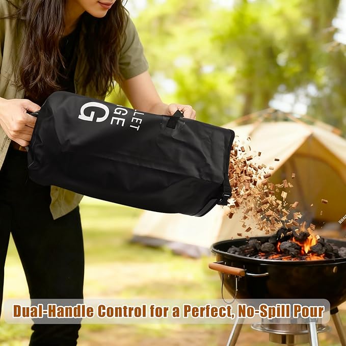 32LB Waterproof Wood Pellet Storage Bag - 500D PVC Charcoal Storage Container with Dual Handles, Label Pocket & Buckle Seal for Grill Smoker BBQ Outdoor Use (2, 32LB-Black)