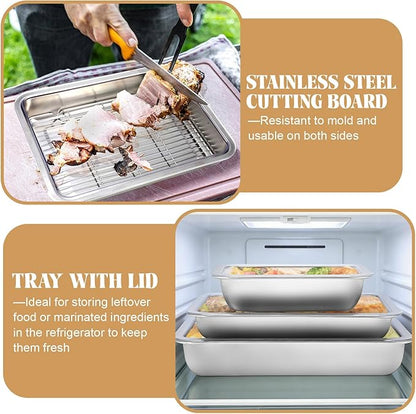 8 Pcs Grill Prep Carry System Grilling Prep Serve Tray Set Large Food Tub Tray Stainless Steel Trays Marinating Container with Lid, Cutting Board, Carrying BBQ Accessories Gifts for Outdoor