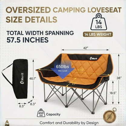 EMERIT Oversized Double Duo Camping Chair Folding Camping Loveseat 2 Person Camping Couch Heavy Duty Lawn Chairs for Outside with Padded Seats & Armrests-Support 650LBS