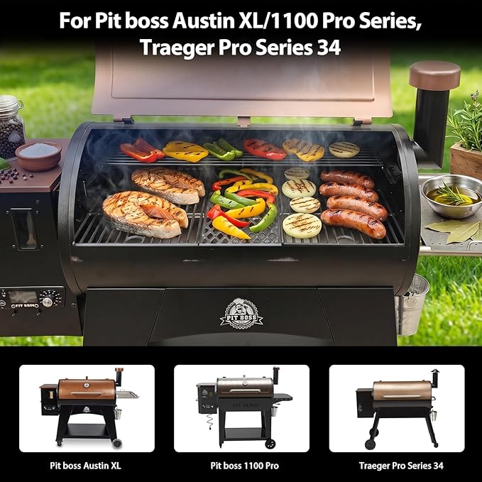 Utheer Cast Iron Cooking Grates for Pit boss Austin XL, Rancher XL, 1100pro Series, Traeger Pro Series 34, Traeger Texas Elite 34, Wood Pellet Smoker Grills Replacement Parts, 3 PCS