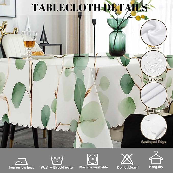 Swono Rectangle Tablecloth Green Floral Table Cover 52x70 Inch Eucalyptus Round Leaves Branches Twigs Table Cloth for Rectangle Tables Decorative Tablecloth for Dining Party Camping BBQ