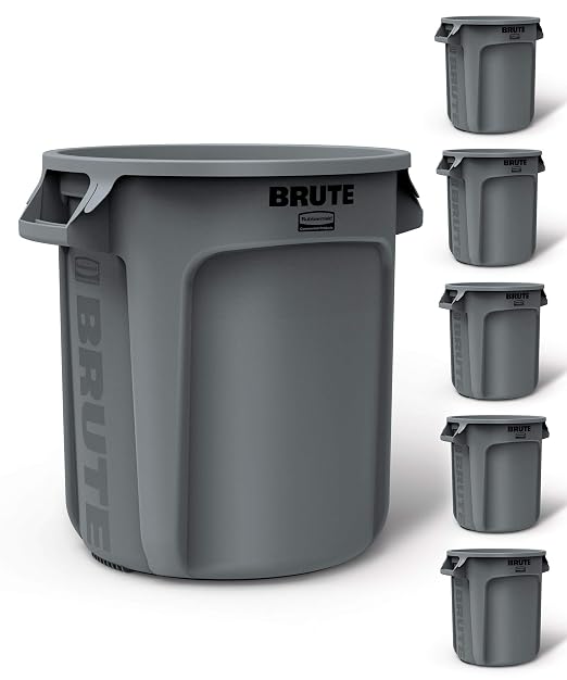 Rubbermaid Commercial Products BRUTE Heavy-Duty Round Trash/Garbage Can, 10-Gallon, Gray, Outdoor Waste Container for Landscapers/Construction/Restaurants/Back of House/Offices/Warehouses, Pack of 6