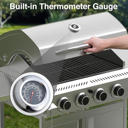 Electactic Propane Gas Grill 4 Burners, 32000 BTU Outdoor Barbecue Grill with Stainless Steel Body & Heavy-Duty 304 Grill Grates, Foldable Side Shelves & Built-in Thermometer, Portable with Wheels