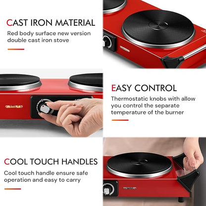Hot Plate, Techwood 1800W Portable Electric Stove for Cooking Countertop Dual Burner with Adjustable Temperature & Stay Cool Handles, 7.5” Cooktop for Home/RV/Camp, Compatible for All Cookware, Red