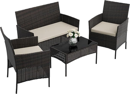4-Piece Patio Furniture Set, Outdoor Wicker Conversation Set with Tempered Glass Coffee Table, Heavy Duty PE Rattan Sectional Sofa & Washable Cushions for Backyard, Deck, Poolside (Black Rattan/Beige)