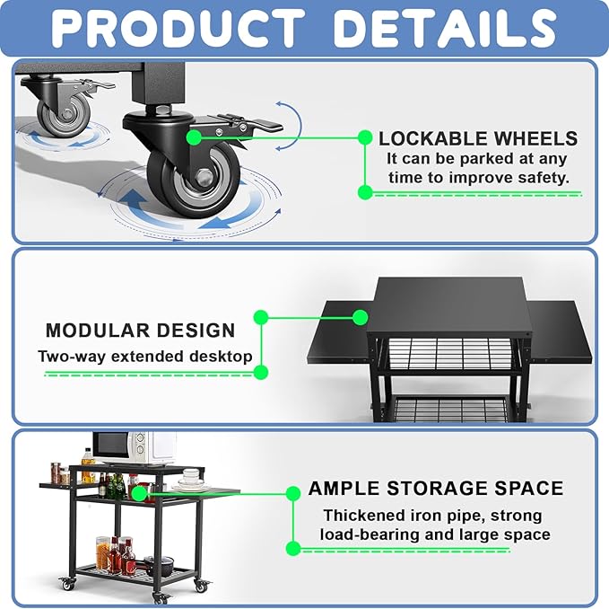 42" x 20" Three-Shelf Grill Cart - Outdoor BBQ & Work Cart - Movable Pizza Oven Table - Commercial Multifunctional Kitchen Food Prep Worktable