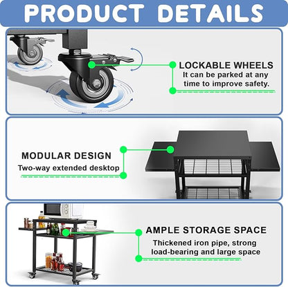 42" x 20" Three-Shelf Grill Cart - Outdoor BBQ & Work Cart - Movable Pizza Oven Table - Commercial Multifunctional Kitchen Food Prep Worktable