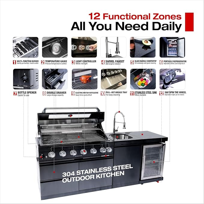 Modular Outdoor Kitchen Island,4-Burner 72000 BTU Stainless Steel Propane Gas Outdoor Kitchen Barbecue Island with Electric Rotisserie,Sink,BBQ Grill,Refrigerator and Cabinets (Black, 85 Inch)