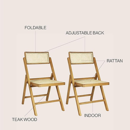 JONATHAN Y Theo Teak Wood and Rattan Folding Chairs, Set of 2, Light Brown | Woven Cane Seat And Back, Portable Lightweight Design, For Dining Room And Living Room, Mid-Century Vintage Bohemian Style